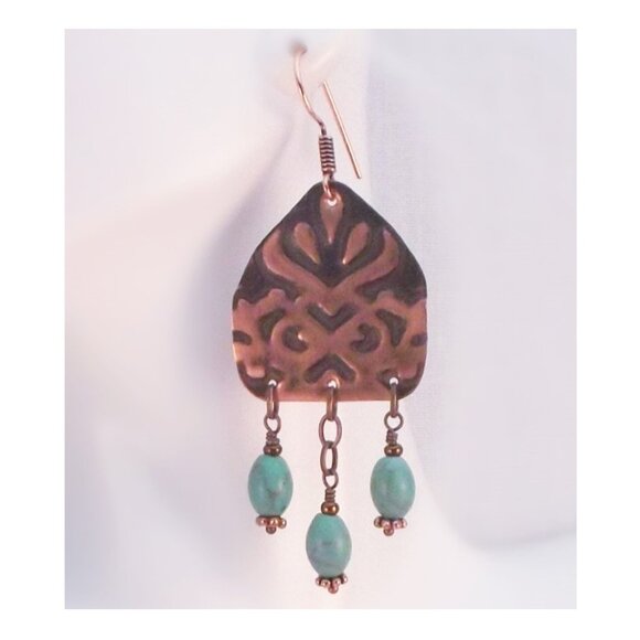 Turquoise and Embossed Copper Arched Chandelier Earrings - Picture 2 of 3